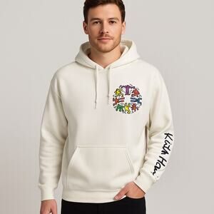 Keith Haring White Hoodie Dancing Figures Graphic Pullover Art Sweatshirt Large